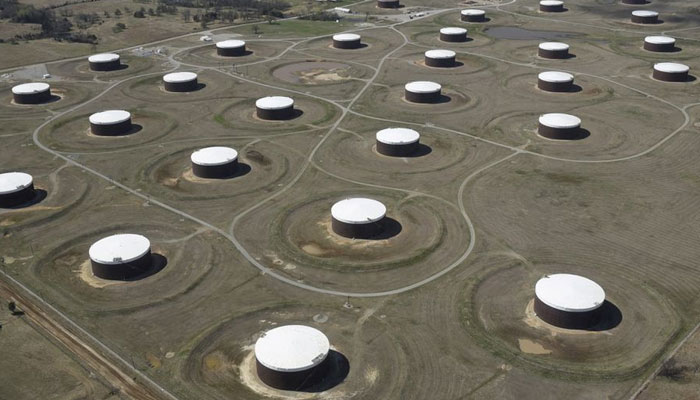 Crude oil storage tanks are seen from above at the Cushing oil hub, in Cushing, Oklahoma, March 24, 2016. — Reuters/File