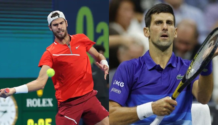 Karen Khachanov (L) and Novak Djokovic (R). — AFP