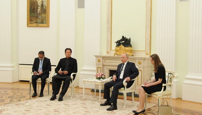 Prime Minister Imran Khan (left) and Russian President Vladimir Putin meet in Moscow, on February 24, 2022. — Twitter/PM Office