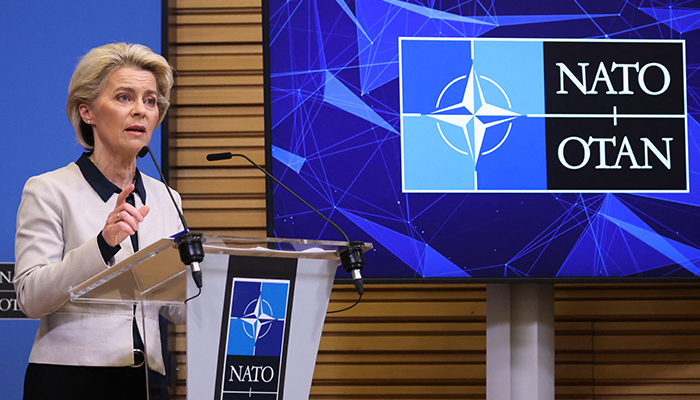 European Commission President Ursula von der Leyen speaks during a joint news conference, with European Council President Charles Michel and NATO Secretary-General Jens Stoltenberg, on Russias attack on Ukraine, in Brussels, Belgium February 24, 2022. — Reuters