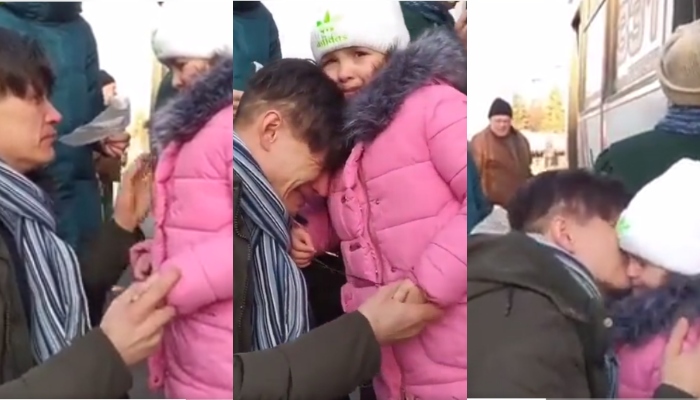 Picture shows Ukrainian father bidding farewell to daughter as she leaves on a rescue bus. — Screengrab/Twiter