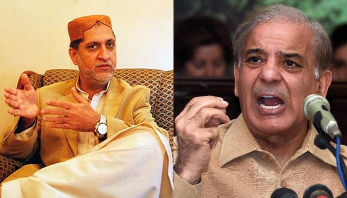 Balochistan National Party (BNP-M) Chairman Akhtar Mengal (L) and Pakistan Muslim League (PML-N) and Leader of the Opposition Shahbaz Sharif. — AFP/File