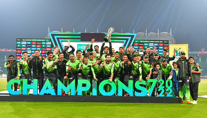 Lahore Qalandars team celebrates after winning the final of the Pakistan Super Leagues (PSL) seventh edition at Gaddafi Stadium in Lahore, on February 28, 2022. — Facebook