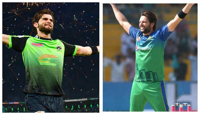 Lahore Qalandars skipper Shaheen Shah Afridi (L) and former Pakistani skipper Shahid Afridi — PCB