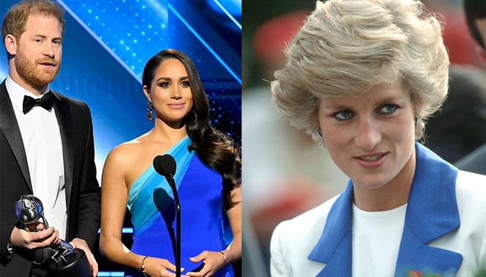 Meghan Markle sporting Princess Diana’s yellow gold omega chain cuff bracelet (left)