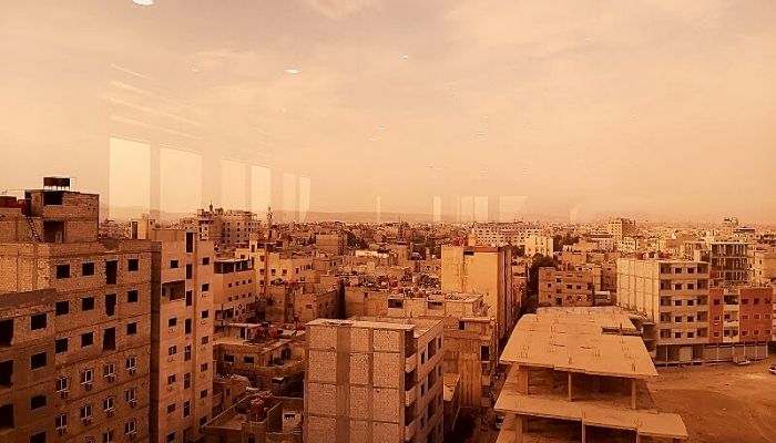 A window view from a hotel in Damascus.