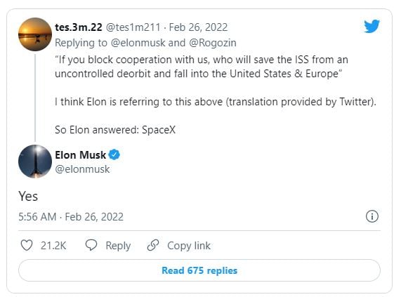 Elon Musk declares SpaceX will save ISS after Russia threat