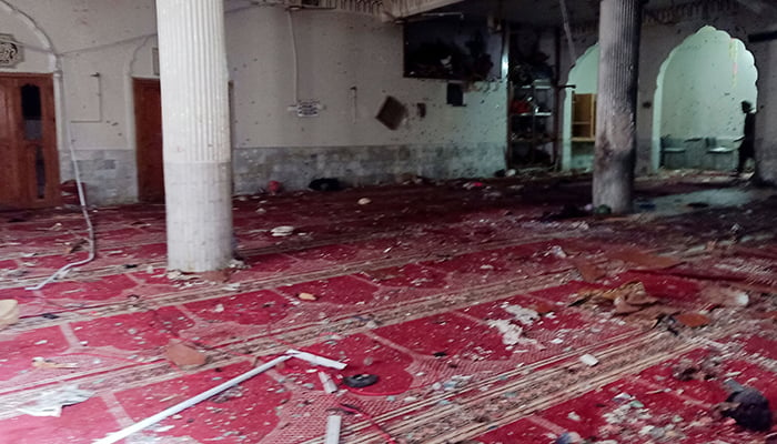A general view of the prayer hall after a bomb blast inside a mosque during Friday prayers in Peshawar, Pakistan, March 4, 2022. — Reuters
