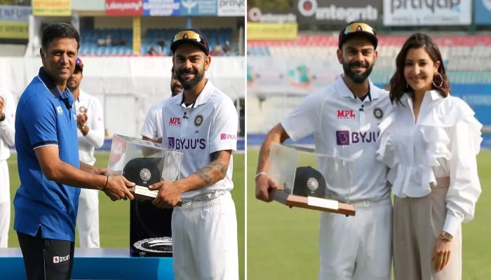 Anushka Sharma cheers for Virat Kohli as he gets his 100th test match cap