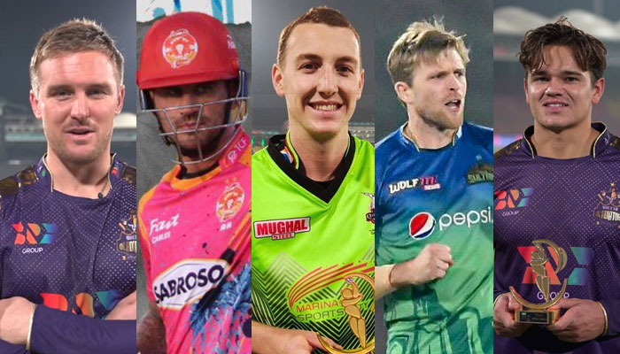 From left to right - Jason Roy, Alex Hales, Harry Brook, David Willey and Will Smeed. Courtesy: PSL franchises