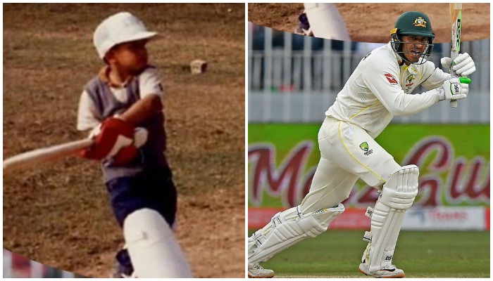 Gambar-gambar kombo Khawaja dari masa kecilnya dan pertandingan Tes Pakstan vs Australia yang sedang berlangsung.  Foto: Twitter/ @CricketAus