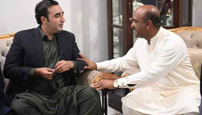 Afzal Nadeem Chan greets Bilawal at his house in Lahore.