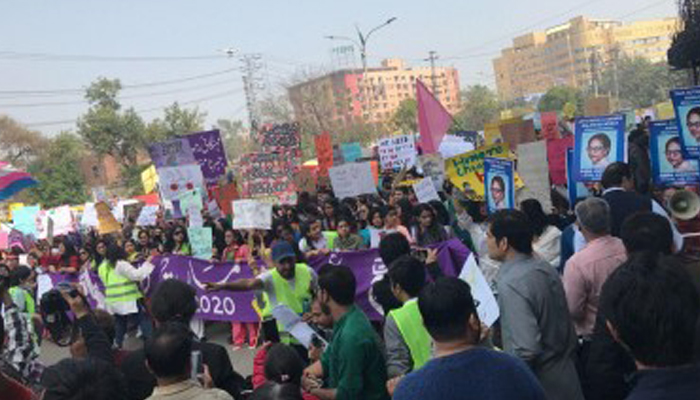 People participate in the Aurat March held in 2020. — Sapan