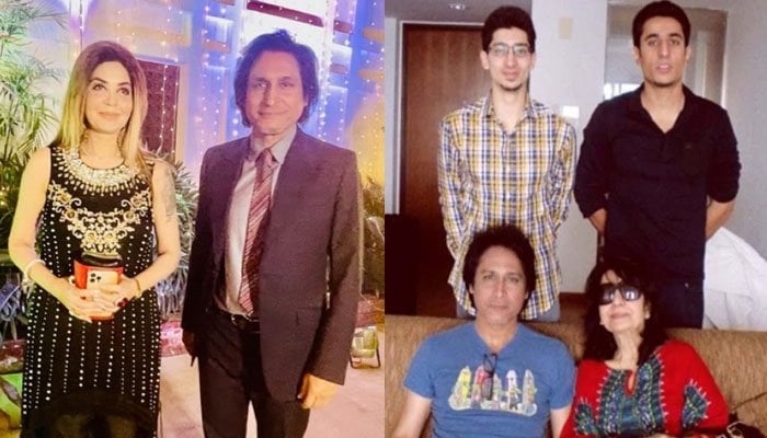 PCB Chairman Rameez Raza poses with Aqib Javeds wife Farzana Aqib; with his family in this collage — Twitter