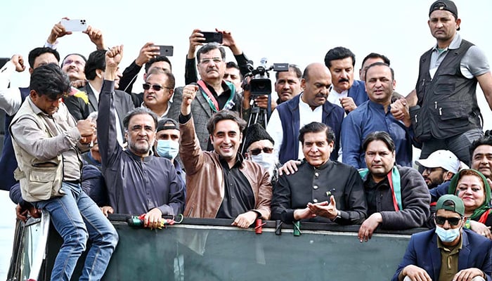 PPP Chairman Bilawal Bhutto-Zardari addressing a public gathering during Awami March at Gujrat, on March 7, 2022. — APP/File
