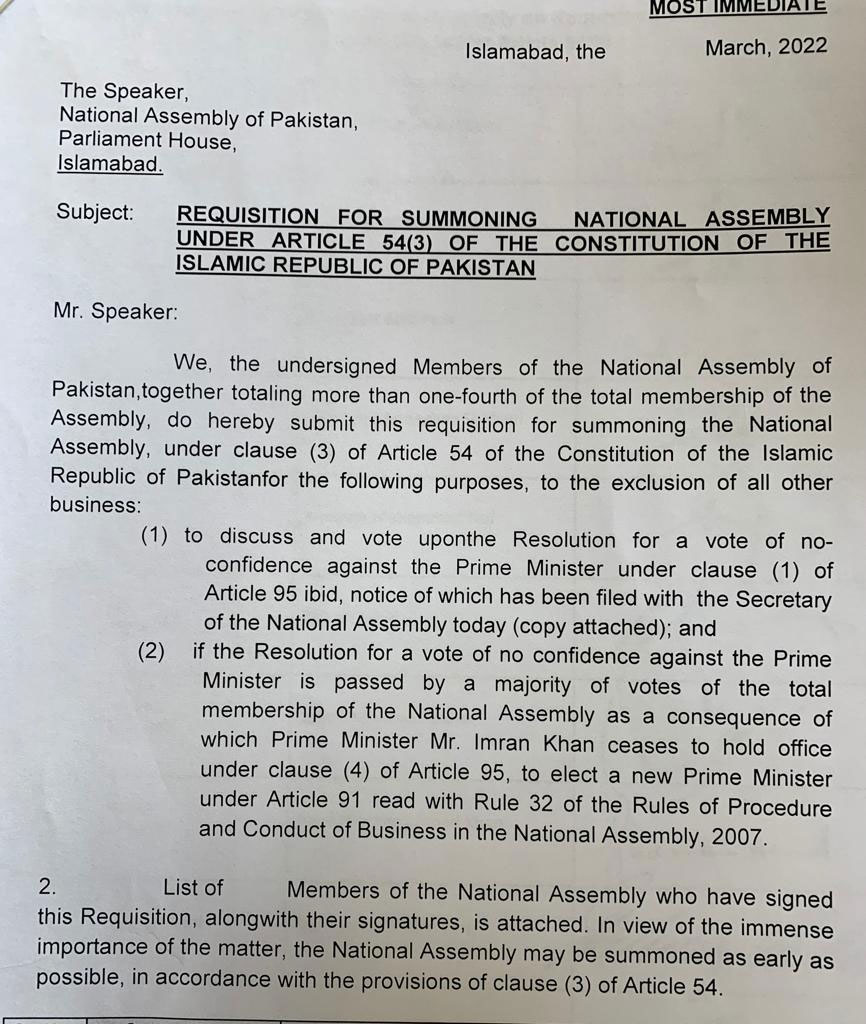 Requisation for summoning National Assembly under Article 54(3) of the constitution of the Islamic Republic of Pakistan