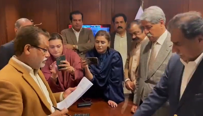 Opposition leaders submitting the no-confidence motion against Prime Minister Imran Khan in the National Assembly Secretariat in Islamabad, on March 8, 2022. — Twitter/@TalatHussain12