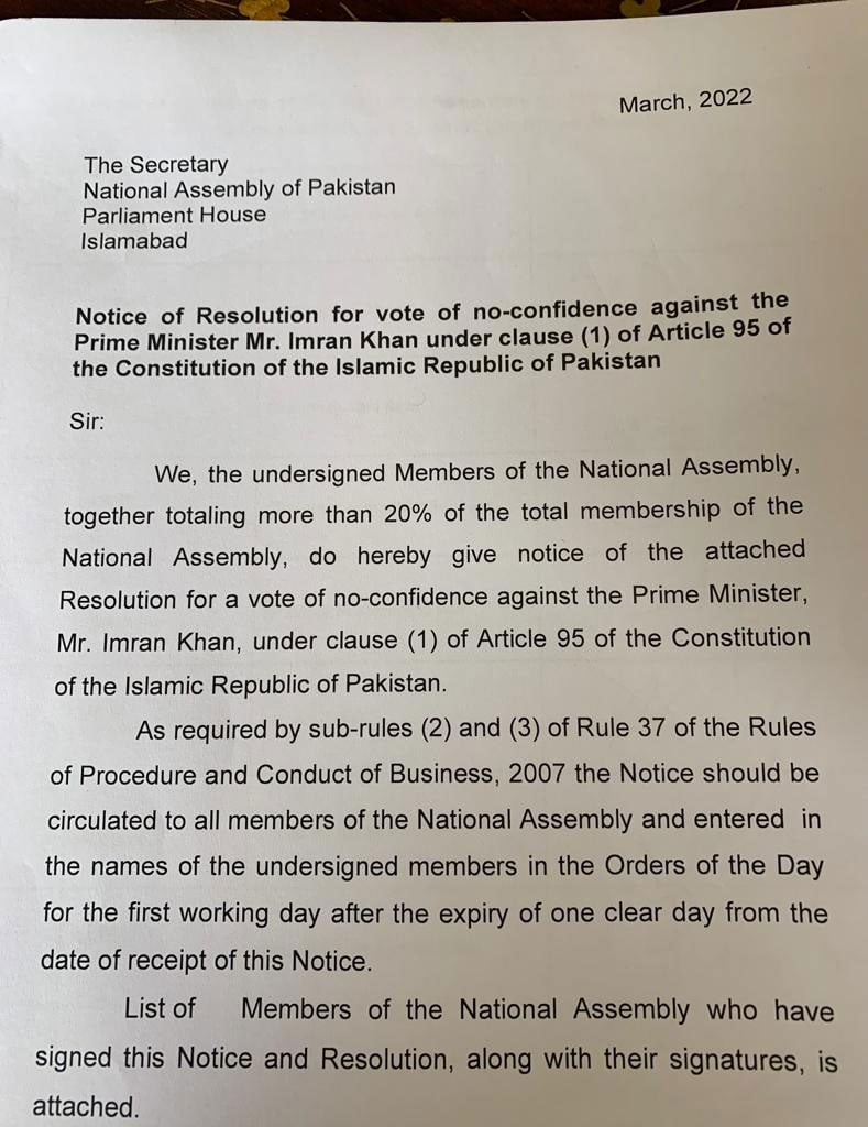 Opposition submits no-confidence motion against PM Imran Khan