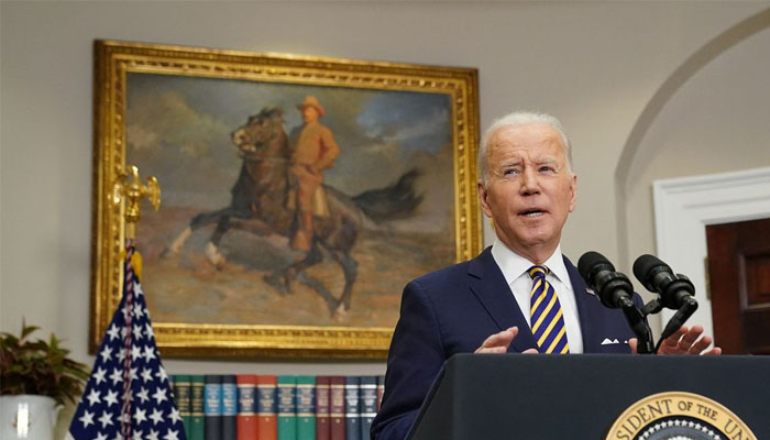 US President Joe Biden announces actions against Russia for its war in Ukraine, during remarks in the Roosevelt Room at the White House in Washington, US, March 8, 2022. REUTERS/Kevin Lamarque