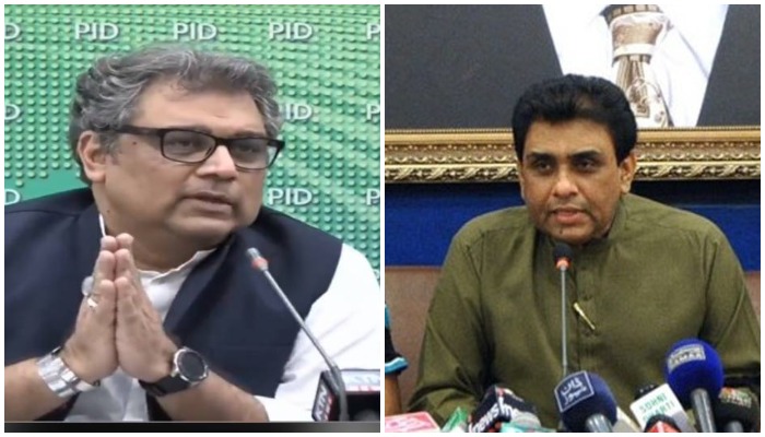 Federal minister Ali Zaidi (left) and MQM-P Convener Khalid Maqbool Siddiqui (right) addressing separate press conferences. Photo: PID/ MQM-Ps website