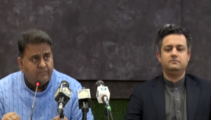 Minister for Information and Broadcasting Fawad Chaudhry (left) addressing a press conference alongside Minister for Energy Hammad Azhar (right) in Islamabad, on March 9, 2022. — YouTube/PTV News