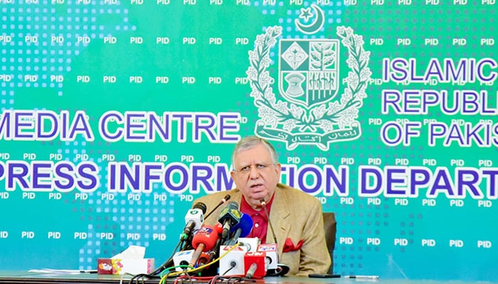 Finance Minister Shaukat Tarin addressing a news conference in Islamabad, on March 9, 2022. — Reuters
