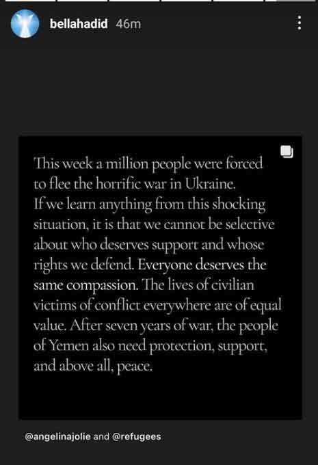 Bella Hadid agrees with Angelina Jolie on her stance on civilian victims of war