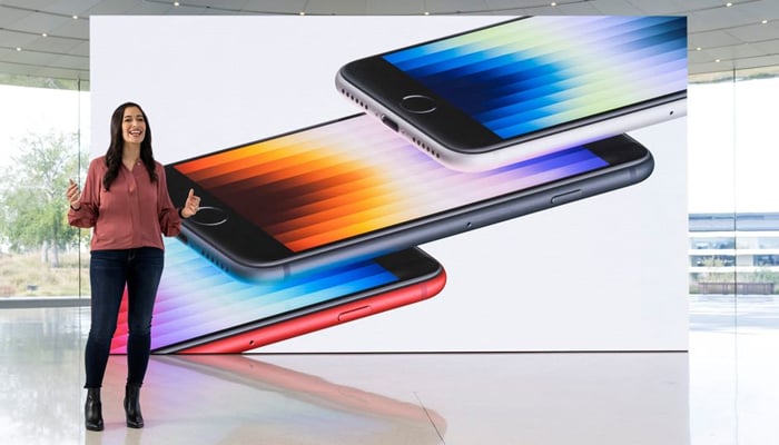 Apples Francesca Sweet talks about the enhanced features of the new iPhone SE during a special event at Apple Park in Cupertino, California, US broadcast on March 8, 2022. &mdash; Reuters