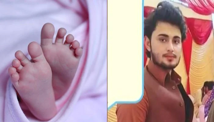 A representational image of a babys feet and the father of the seven-day-old baby (right). —