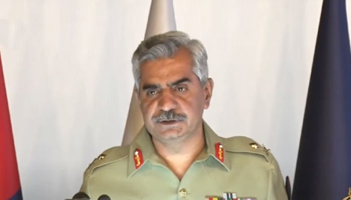 Director-General of the Inter-Service Public Relations (ISPR) Major General Babar Iftikhar addressing a press conference in Rawalpindi — Screengrab via Geo News