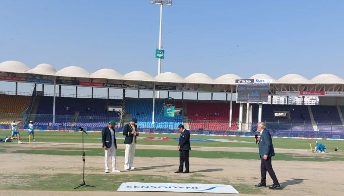 Australia captain Pat Cummins and Babar Azam at National Stadium Karachi on March 12, 2022. Photo: PCB
