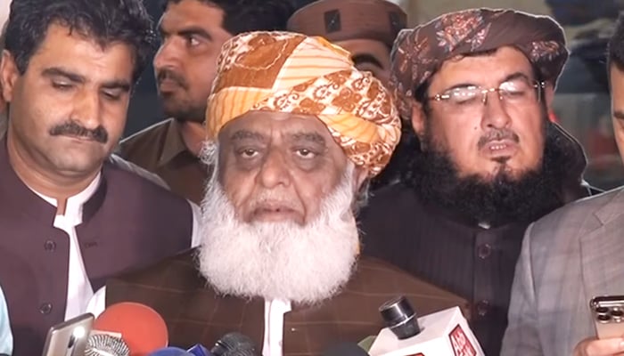 Pakistan Democratic Movement (PDM) chief Maulana Fazlur Rehman speaking to journalists in Islamabad, on March 14, 2022. — Screengrab via Geo News