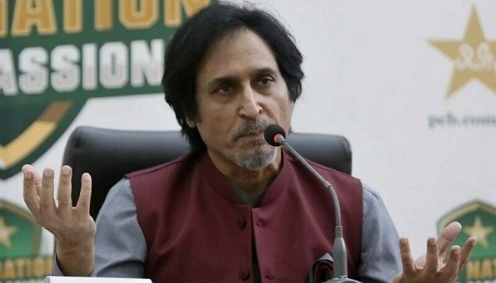 Chairman Pakistan Cricket Board (PCB) Ramiz Raja speaking at a press conference. Photo: REUTERS