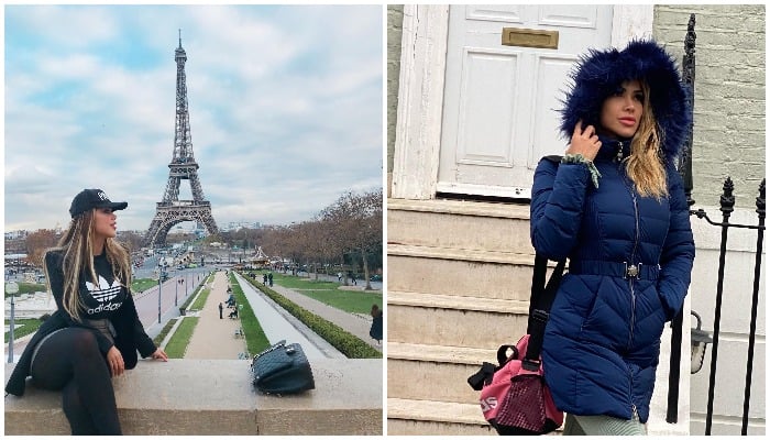 Brazilian modelCris Galera posing in front of the Eiffel Tower (L) and outside her London home (R) — Instagram/Cris Galera