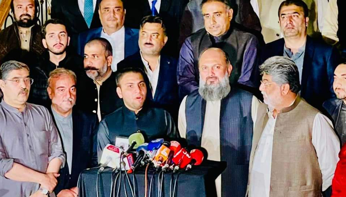 BAP Parliamentary Leader in Khyber Pakhtunkhwa Assembly Bilawal Afridi (centre) addresses a press conference alongside other BAP leaders in this undated photo. — Twitter/@IBilawalAfridi/File