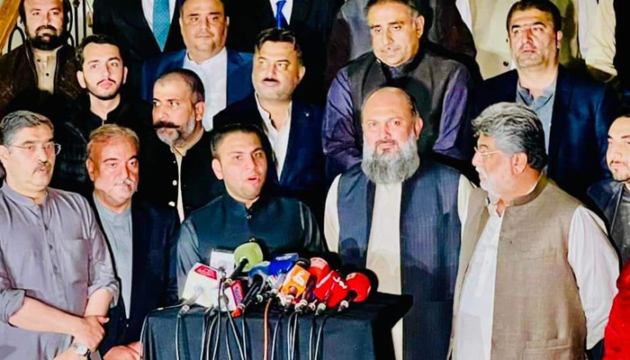 BAP Parliamentary Leader in Khyber Pakhtunkhwa Assembly Bilawal Afridi (centre) addresses a press conference alongside other BAP leaders in this undated photo. — Twitter/IBilawalAfridi/File