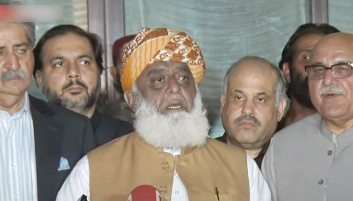 Pakistan Democratic Movement (PDM) chief Maulana Fazlur Rehman addresses a press conference in Islamabad, on March 15, 2022. — Screengrab via Geo News