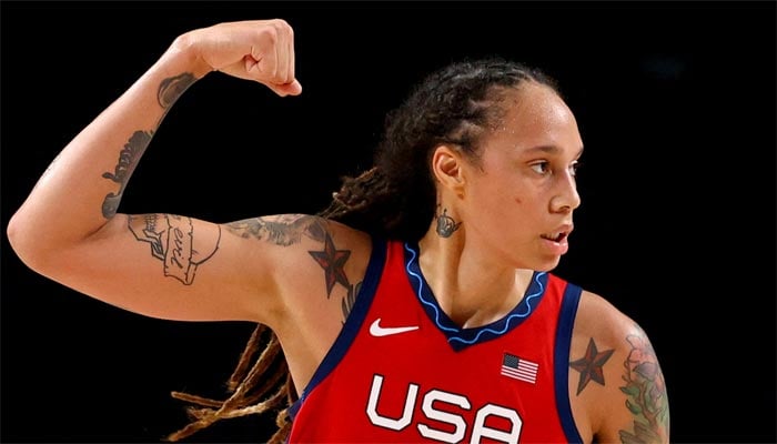 Brittney Griner of the United States gestures during a game against Australia at Saitama Super Arena in their Tokyo 2020 Olympic womens basketball quarterfinal game in Saitama, Japan August 4, 2021. REUTERS/Brian Snyder
