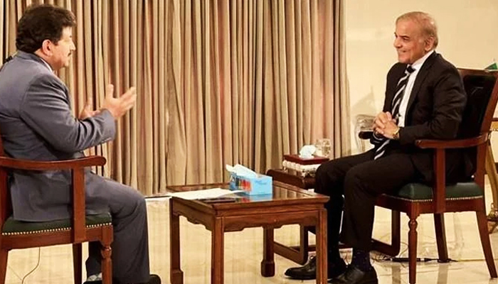 Opposition Leader in the National Assembly and PML-N President Shahbaz Sharif speaks to journalist Hamid Mir during an interview in Geo News programme Capital Talk aired on March 16, 2022. — Screengrab via Geo News