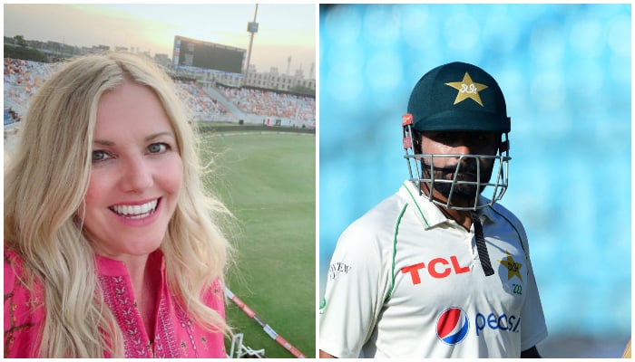 Australian sports journalist Melinda Farrell poses at the Rawalpindi Cricket Stadium (left) and Pakistans captain Babar Azam walks back to the pavillon after his dismissal during the fifth and final day of the second Test cricket match between Pakistan and Australia at the National Cricket Stadium in Karachi on March 16, 2022. — Instagram/@melindasmfarrell/AFP