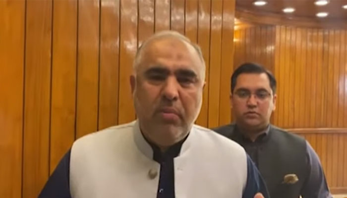 Speaker National Assembly Asad Qaiser speaks to Geo News in Islamabad, on March 18, 2022. — Screengrab via Geo News