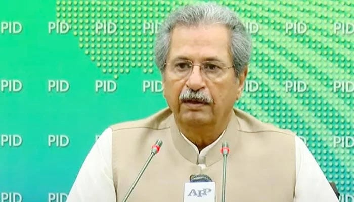 Minister for Education Shafqat Mahmood addressing a press conference in Islamabad on May 14, 2020. — Screengrab via Hum News
