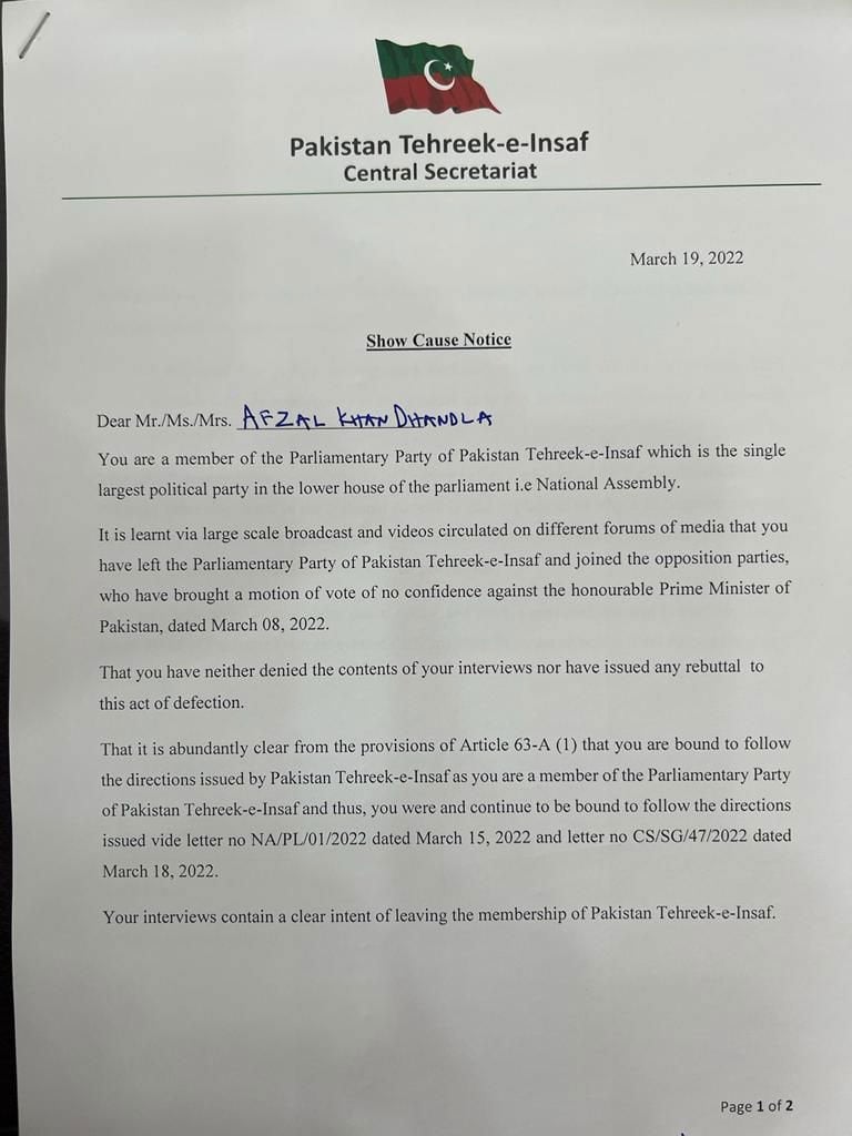 Picture of the notice issued to Afzal Khan Dhandla. — Photo by author