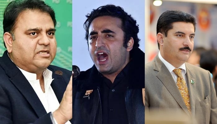 (From left) Federal Minister of Information and Broadcasting of Pakistan Fawad Chaudhry, PPP Chairman Bilawal Bhutto-Zardari and PPPs Secretary Information Faisal Karim Kundi. — AFP/Twitter/Facebook