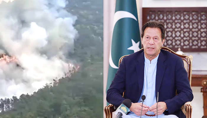 Mountain fire caused by Boeing 737-800 flight crash in southern China, on March 21, 2022 (left) and Prime Minister Imran Khan addressing the volunteers of COVID-19 Relief Tiger Force in Islamabad, on May 4, 2020. — Twitter/PID