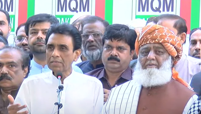 MQM-P convener Khalid Maqbool Siddiqui (L), and Maulana Fazlur Rehman (R) speaking during a press conference in Karachi on March 22, 2022. National news