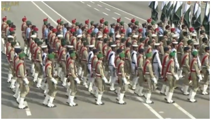 Screengrab from live coverage of Pakistan Day parade held at Shakarparian Parade Ground on March 23, 2022.
