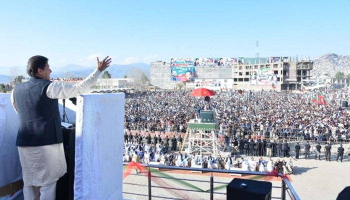 Prime Minister Imran Khan addresses a gathering in Swat on March 16, 2022. — PID
