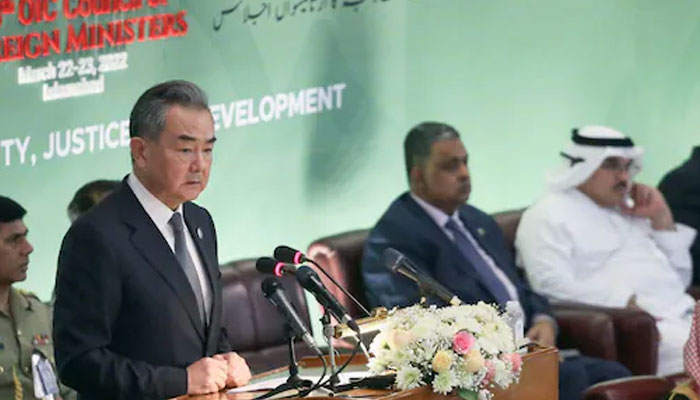 China’s Foreign Minister Wang Yi addresses the 48th meeting of the Organisation of Islamic Cooperation (OIC) Council of Foreign Ministers. — Reuters