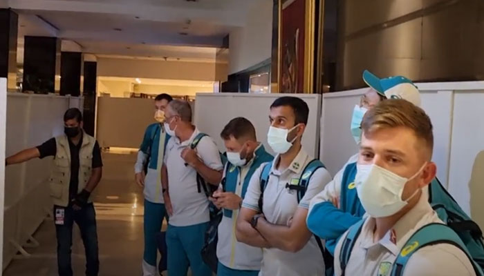 Australian squad arrives at Allama Iqbal International Airport on March 24, 2022 ahead of the ODI and T201 series. — Video Screengrab